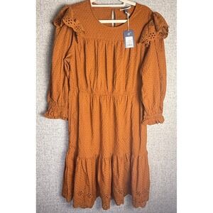 NWT Universal Thread Brown Rust Eyelet Balloon Sleeve Tier Ruffle Dress LARGE‎